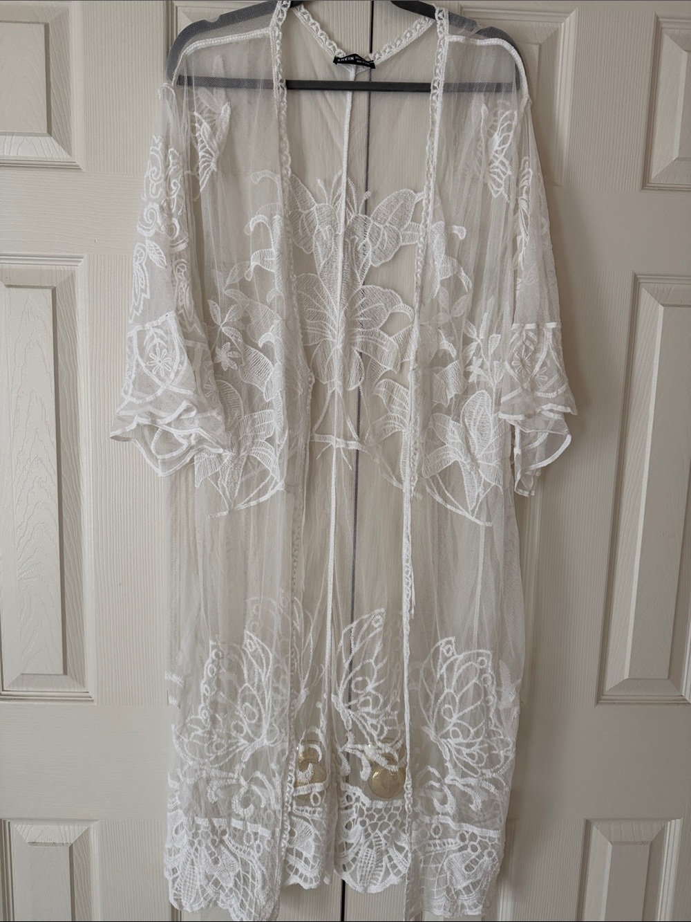 SHEIN White Sheer Embroidered Lace Kimono coverup